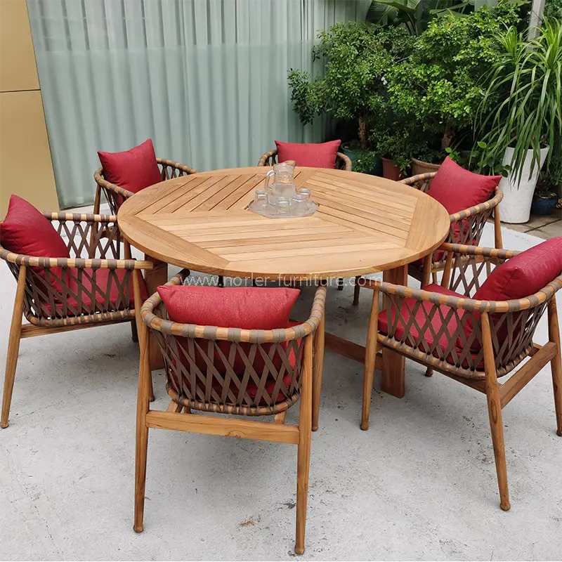 High-End Outdoor Teak Wood Frame Woven Belt Dining Set